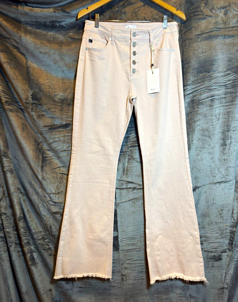 KanCan Womens Pastel Pink High Rise Button Fly Flare Stretch Frayed Hem